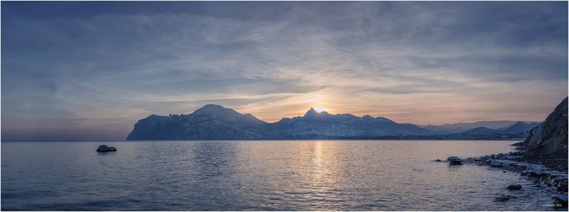 Вечер, Горы, Закат, Кара-даг, Коктебель, Крым, Море, Морской пейзаж, Панорама, Черное море  фото превью