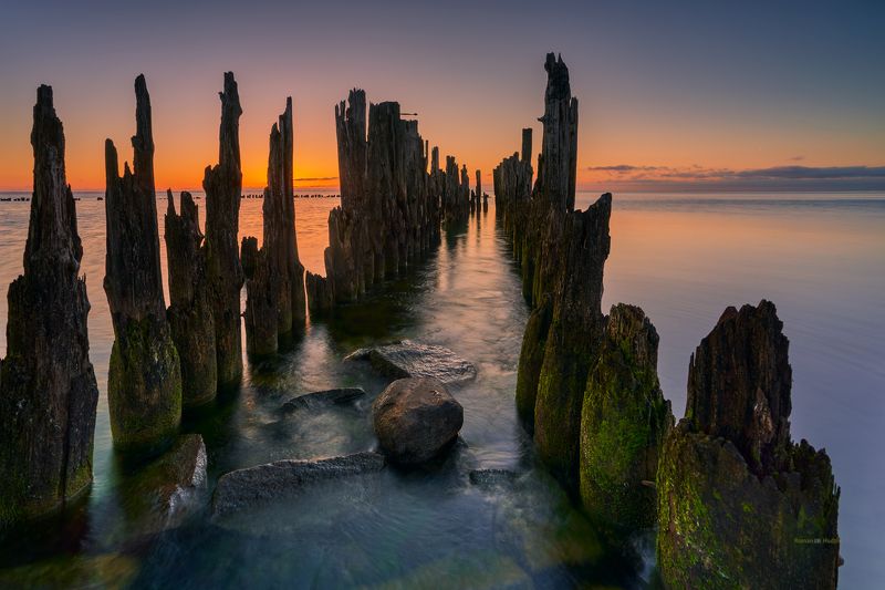 Stakes, landscape, sea, wall, sunrise, water, stone, Stakes.  фото превью