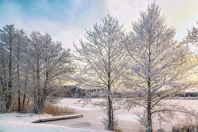 мороз, утро, озеро, красота, иней,  На рассвете фото превью