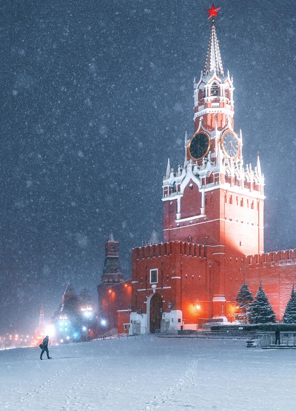 зима, Красная площадь, снег, метель, Москва, город, city, Kremlin, night, winter, Red Square Зима на Красной Площади фото превью