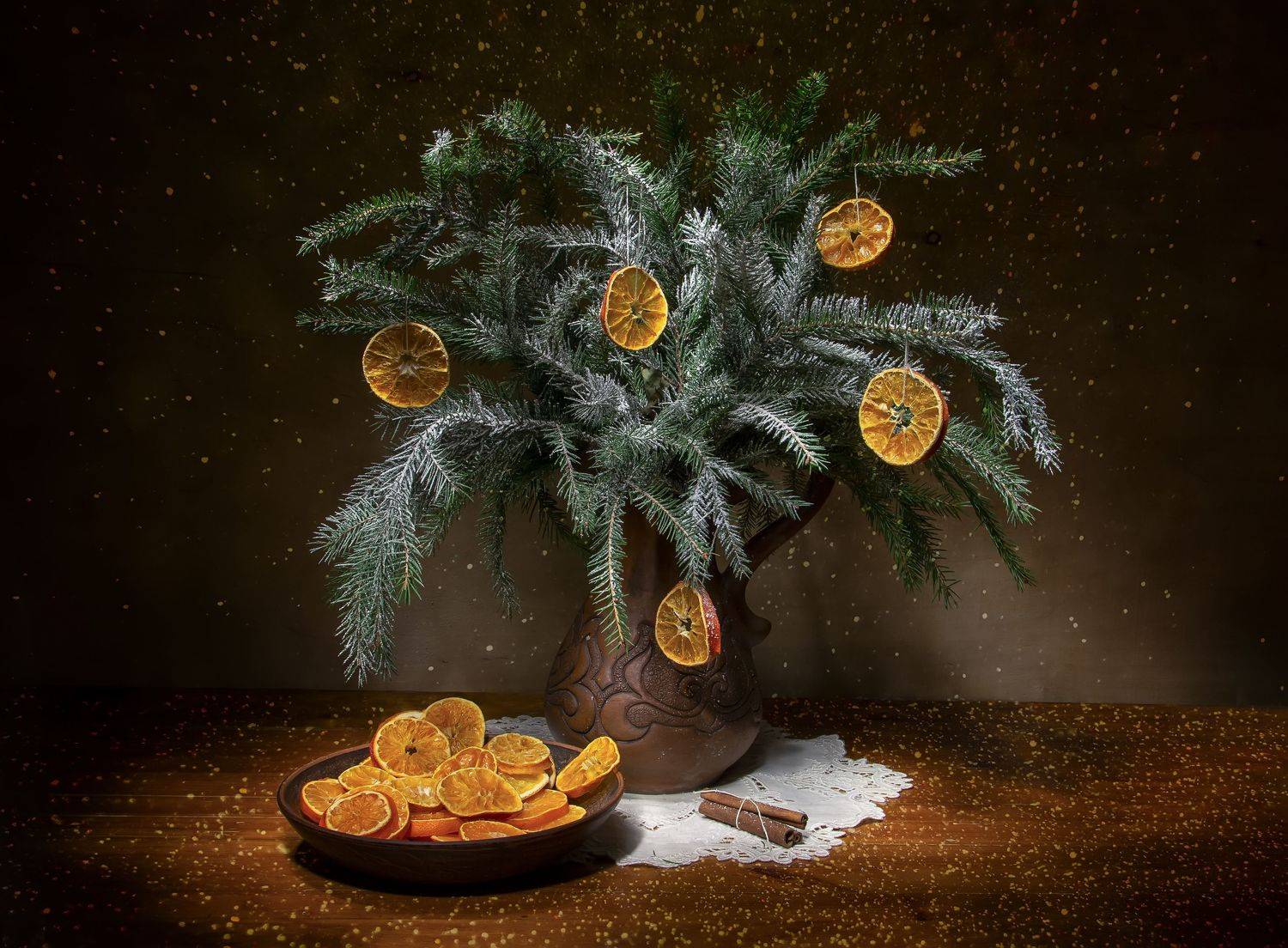 натюрморт, ель, мандарины, Татьяна Феденкова