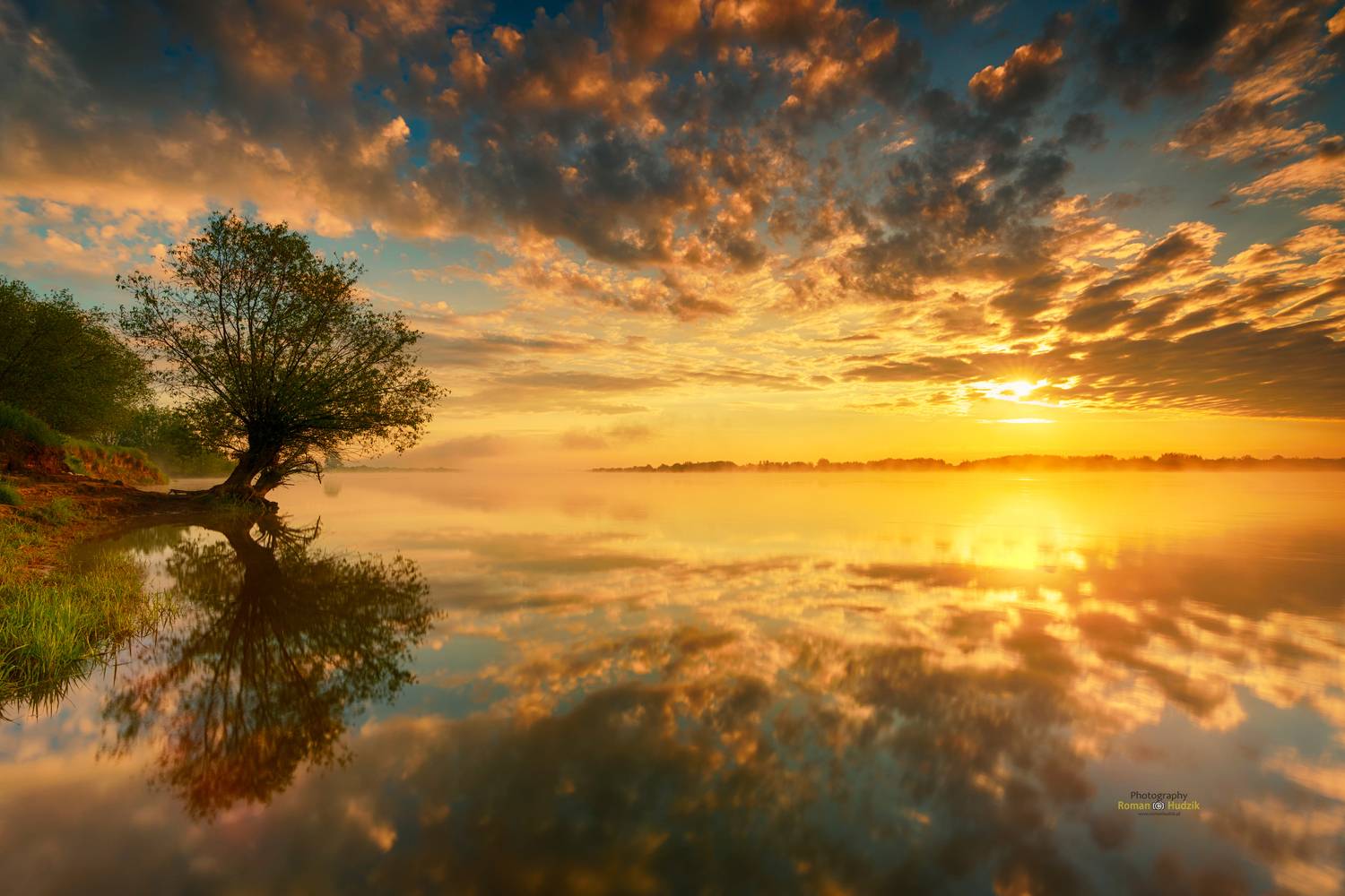   Mirror, landscape, tree water, river, sky, colorful world, reflections, sunrise,, Roman Hudzik