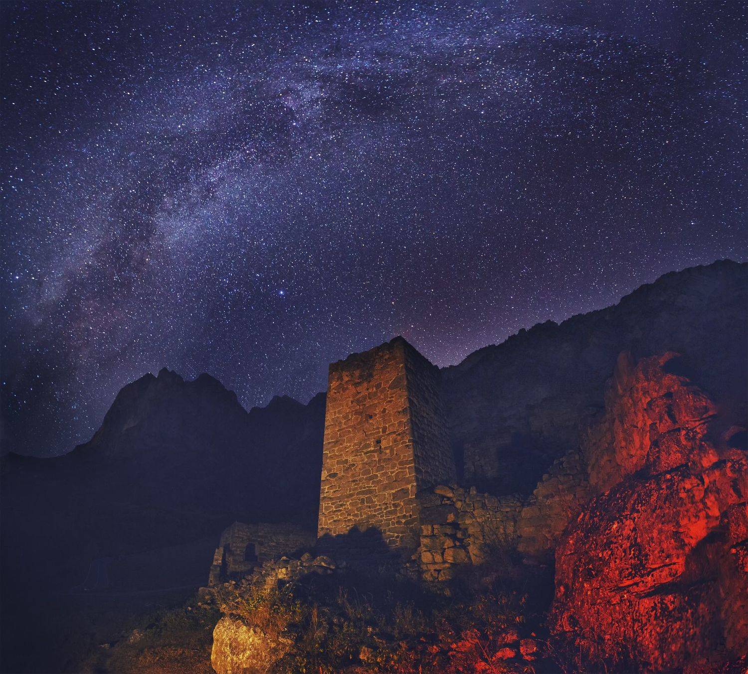 ночь, ингушетия, кавказ, башни, млечный путь, звёзды, Дмитрий Шишкин