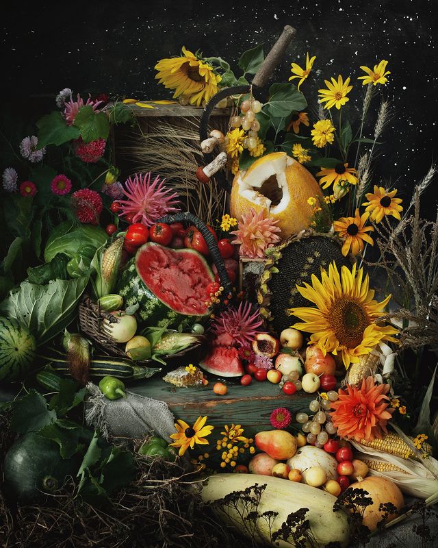 натюрморт, август, лето, овощи, натюрморт с овощами, цветы, огород, сад, подсолнух, арбуз 12 месяцев. Август фото превью