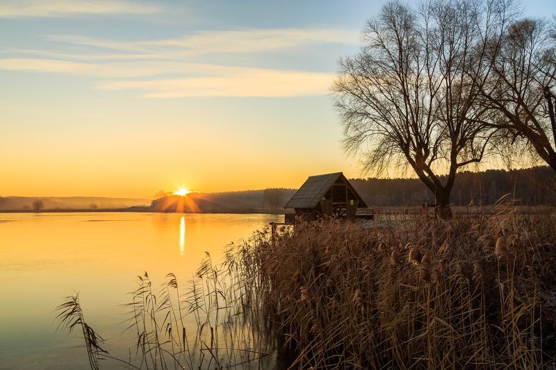 утро, восход солнца, озеро, Место релакса фото превью