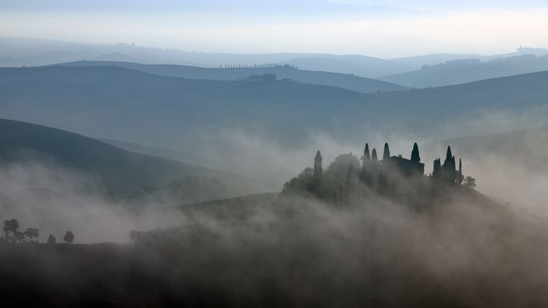 italy, tuscany, belvedere, autumn, morning, sunrise, fog, mist, hill, house, Val d\'Orcia фото превью