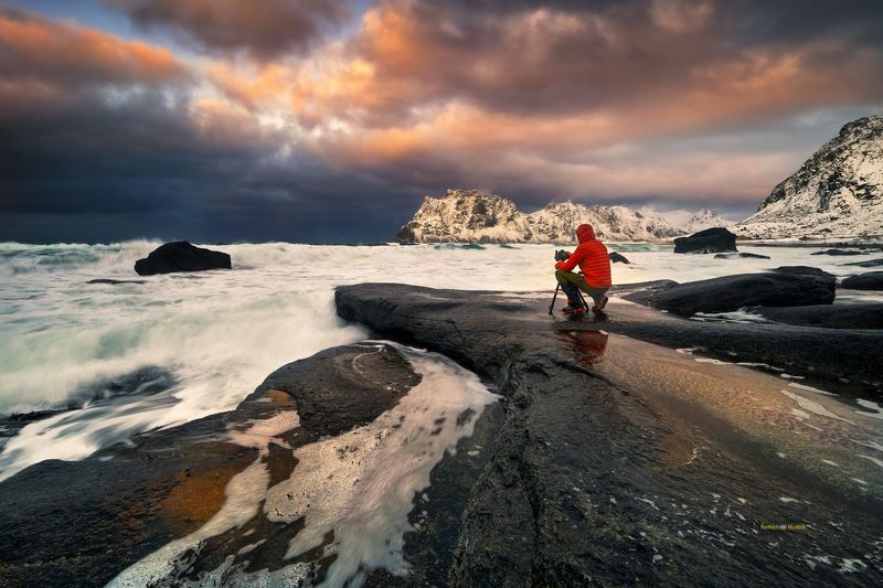 Little Red Riding Hood, landscape, sunset, Lofoten Islands, Norway, sea, clouds, winter, photographer Red Riding Hood. фото превью