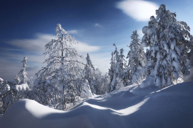 озеро, горы, лес, природа, закат, рассвет, красота, приключения, путешествие, облака Спят леса Урала укрытые шапками снега фото превью
