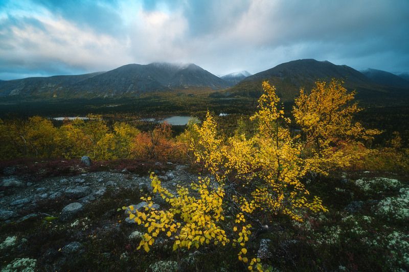 россия, мурманская область, кольский полуостров, пейзаж, природа, осень, заполярье, закат, хибины, водопад, озеро Краски Кольского фото превью