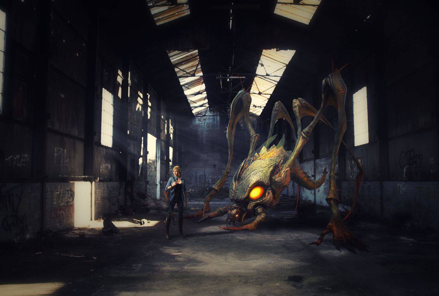 ангар, девушка, паук, Sergii Vidov