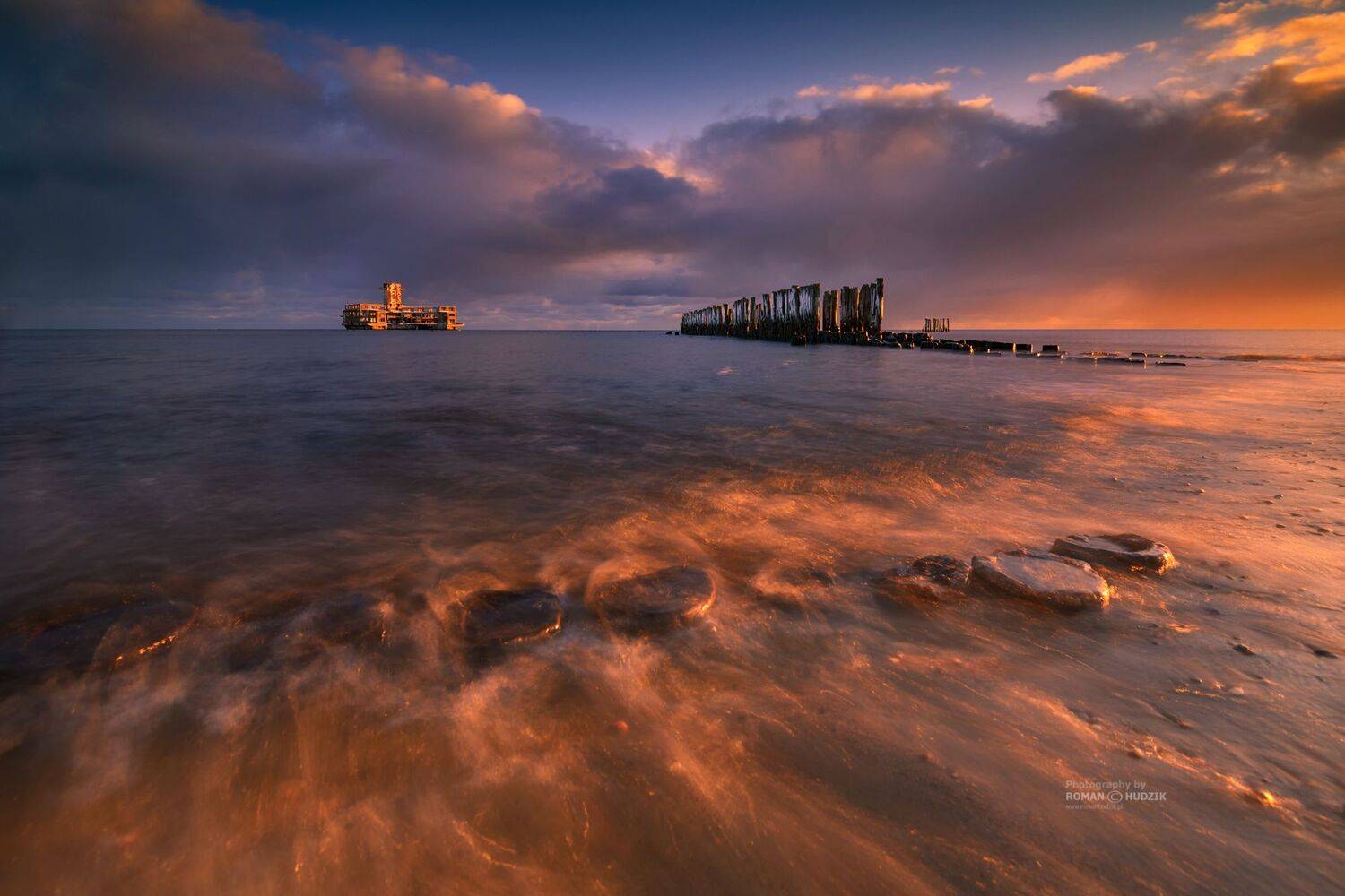 sea, sunrise, Poland, waves, water, clouds, landscape., Roman Hudzik
