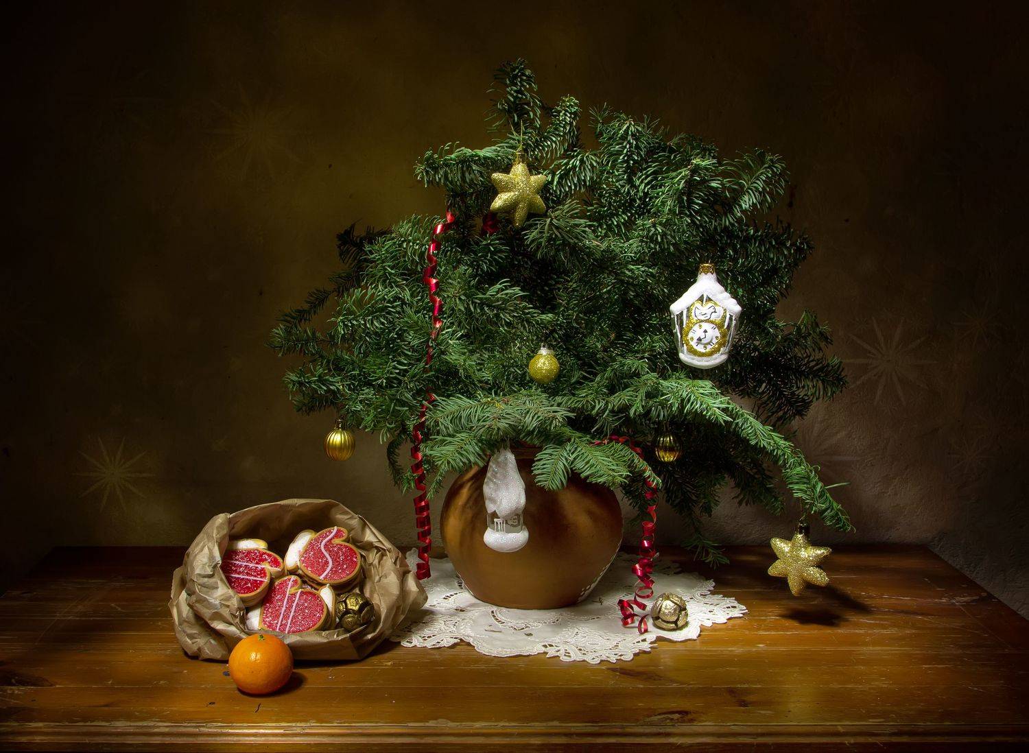 натюрморт, ель, игрушки, печенье, Татьяна Феденкова