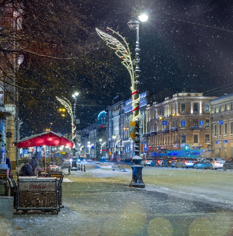 санкт-петербург, петербург, saint-petersburg, невский проспект, екатерининский сад, елисеевский магазин, зима, ночь, снег, рождество Невский проспект, горячий глинтвейн, Елисеевский, Екатерининский сад и падающий снег... фото превью