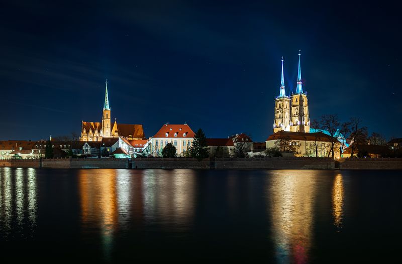 wroclaw, poland, ostrow tumski, river, odra, panorama,  Wrocław, Ostrów Tumski at night фото превью