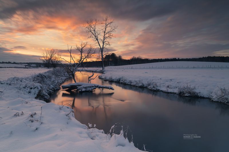 Kociewie, Poland, landscape, snow, sunrise, sunset, tree, river, sky, clouds, meanders, Kociewie.  фото превью