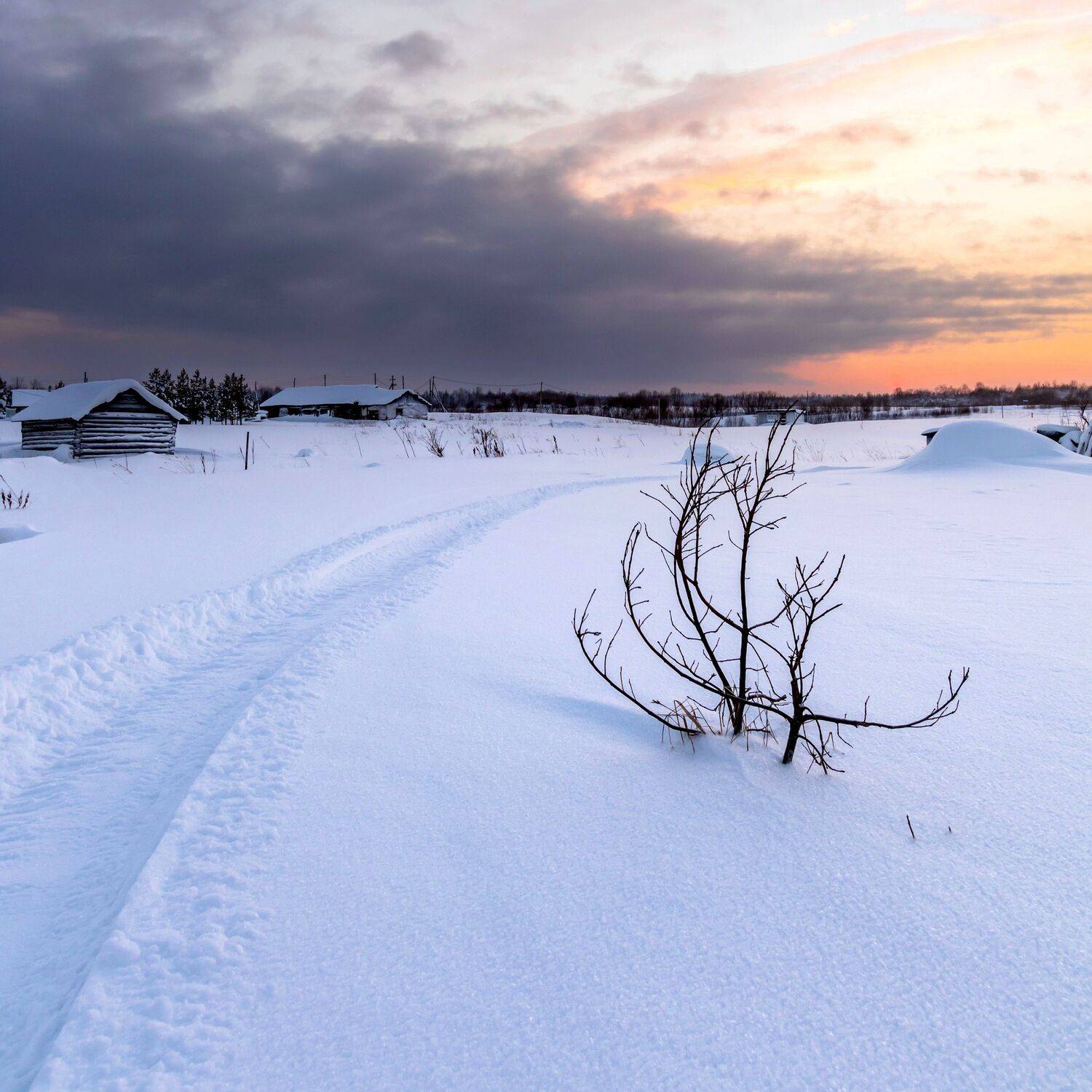 зима, вечер, мороз, снег, закат, небо, север, природа, пейзаж, деревни, Титов Александр