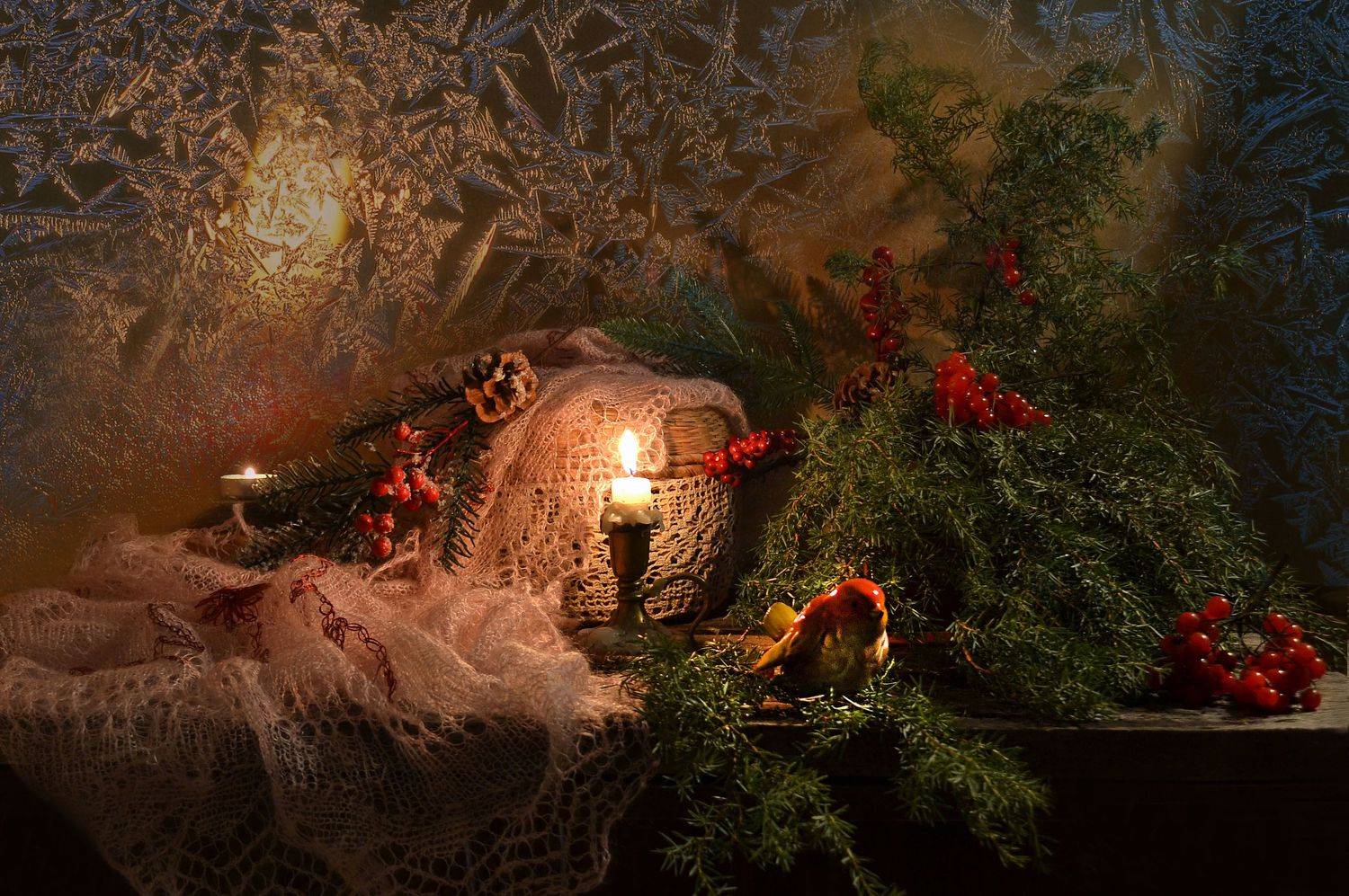 still life, натюрморт, цветы, фото натюрморт, зима, свечи, калина, ветки ели, настроение, январь, Колова Валентина