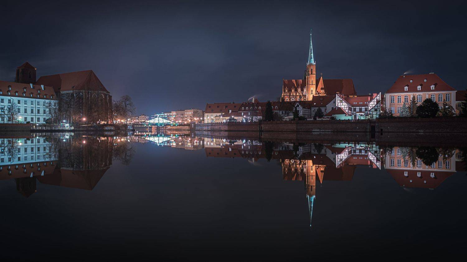 wroclaw, poland, ostrow tumski, night, panorama, river, old town, Skubala Krzysztof
