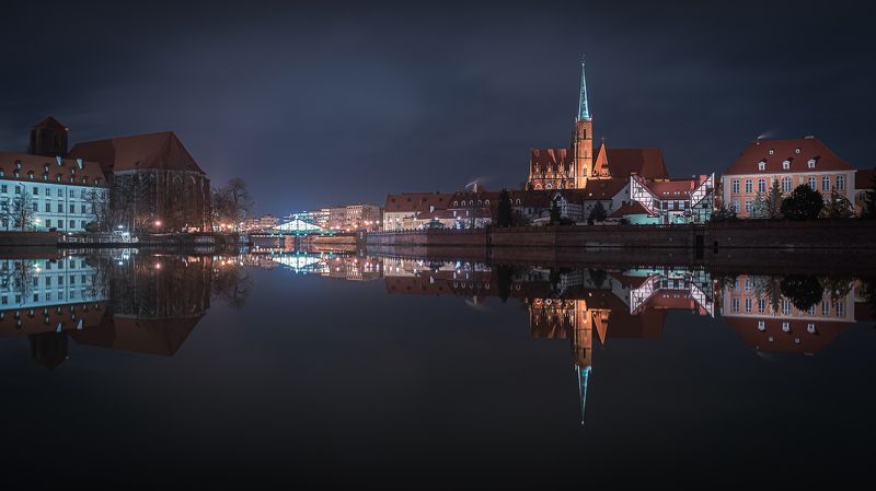 wroclaw, poland, ostrow tumski, night, panorama, river, old town Wrocław, Ostrów Tumski at night фото превью