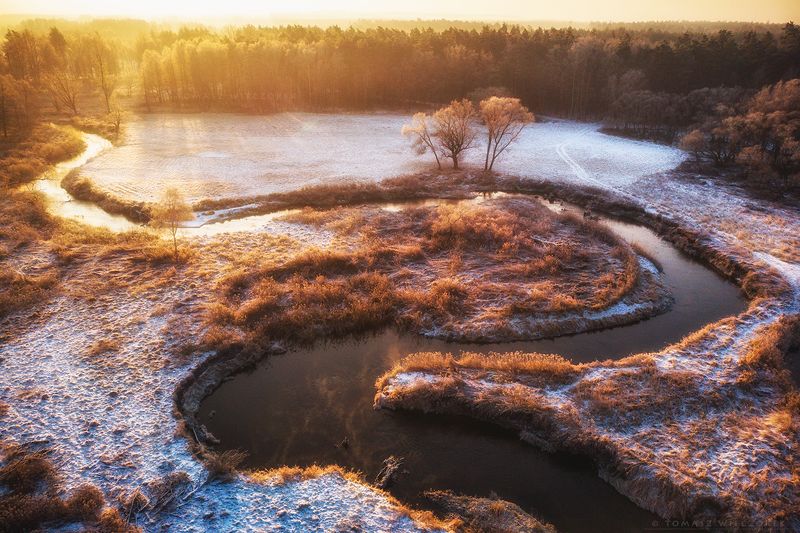 landscape, poland, light, winter, awesome, amazing, sunrise, sunset, lovely, nature, travel, drone, trees, orange, shadows, dji, river, colors Brothers фото превью