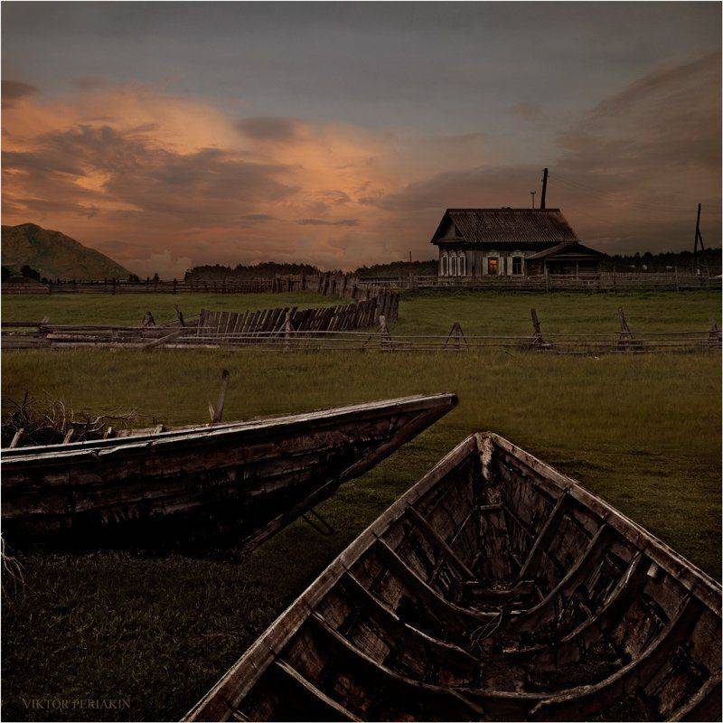 байкальская, деревня, лодки, закат, домик, свет, в, окне, Виктор Перякин