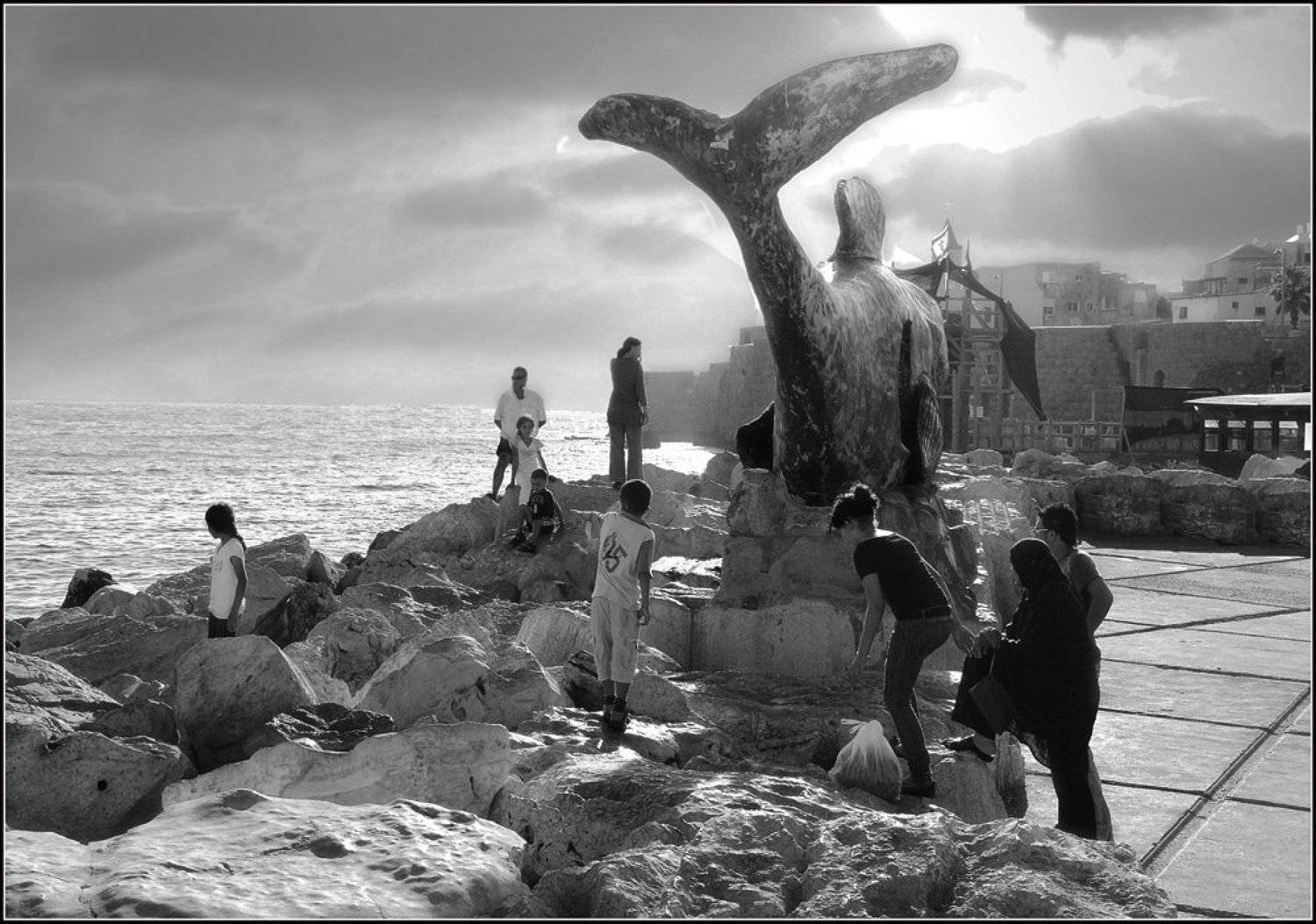 кит, люди, акко, море, закат, тучи, небо, крепость, израиль, Bobsfog