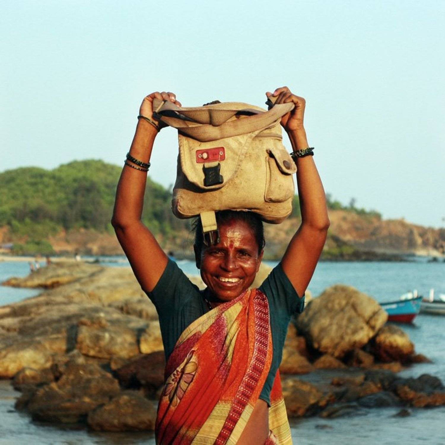 берег, вода, индия, море, портрет, сумка, Улыбка, nelenin