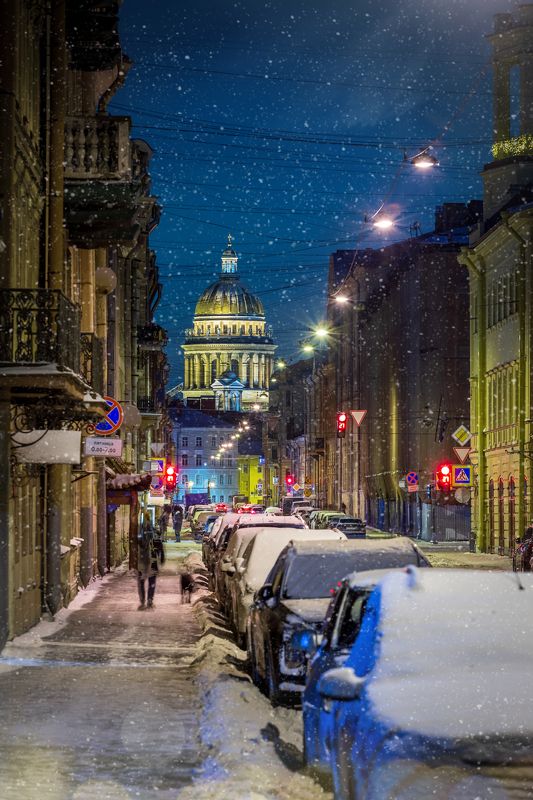 санкт-петербург, петербург, saint-petersburg, исаакий, исаакиевский собор, ночь, снег, рождество, сказка, улица Снег в городе фото превью