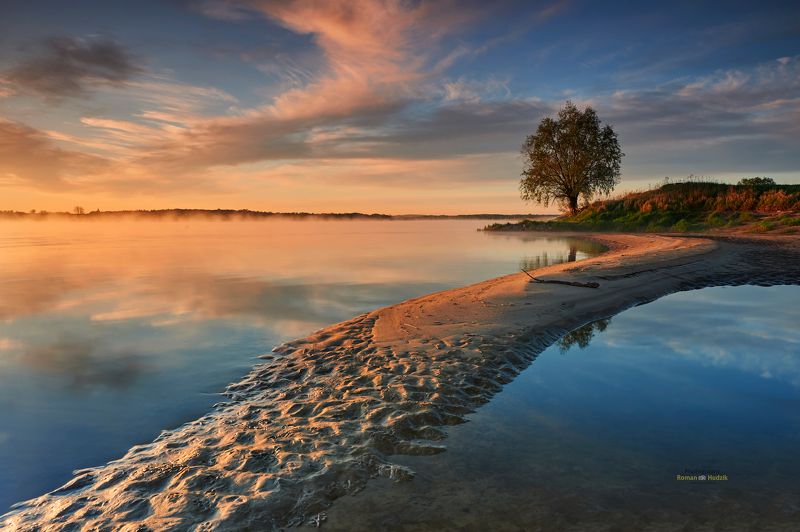 Vistula, river, landscape, water, clouds, sunrise, sunset, sand, tree, Vistula  фото превью