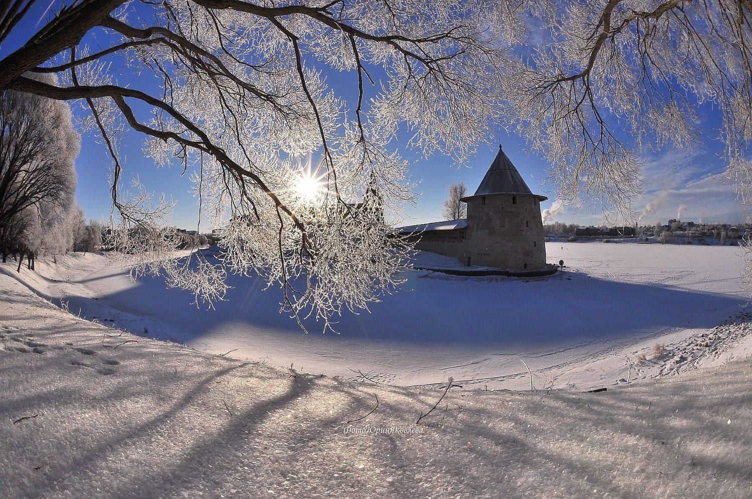 пейзаж, зима, псков, снег, город, собор,иней,солнце,мороз, Юрий Яковлев