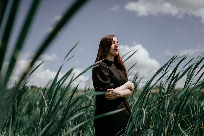 portrait, sun, flowers, river, summer, cattail, black  Cattail фото превью