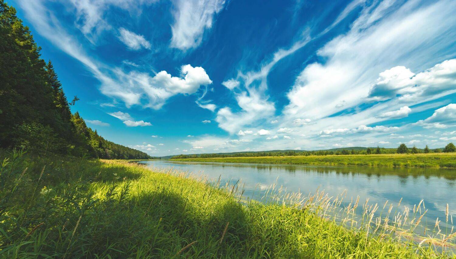 горизонт, небо, облака, облачный, пейзаж, сылва, река, луг, поле, лес, холм, отражение, горизонт, пермь, область, край, россия, пятково, деревня, сельский, природа, путешествия, туризм, день, полдень, лето, июль, перспектива, диагональ, композиция, свет, , Котов Андрей