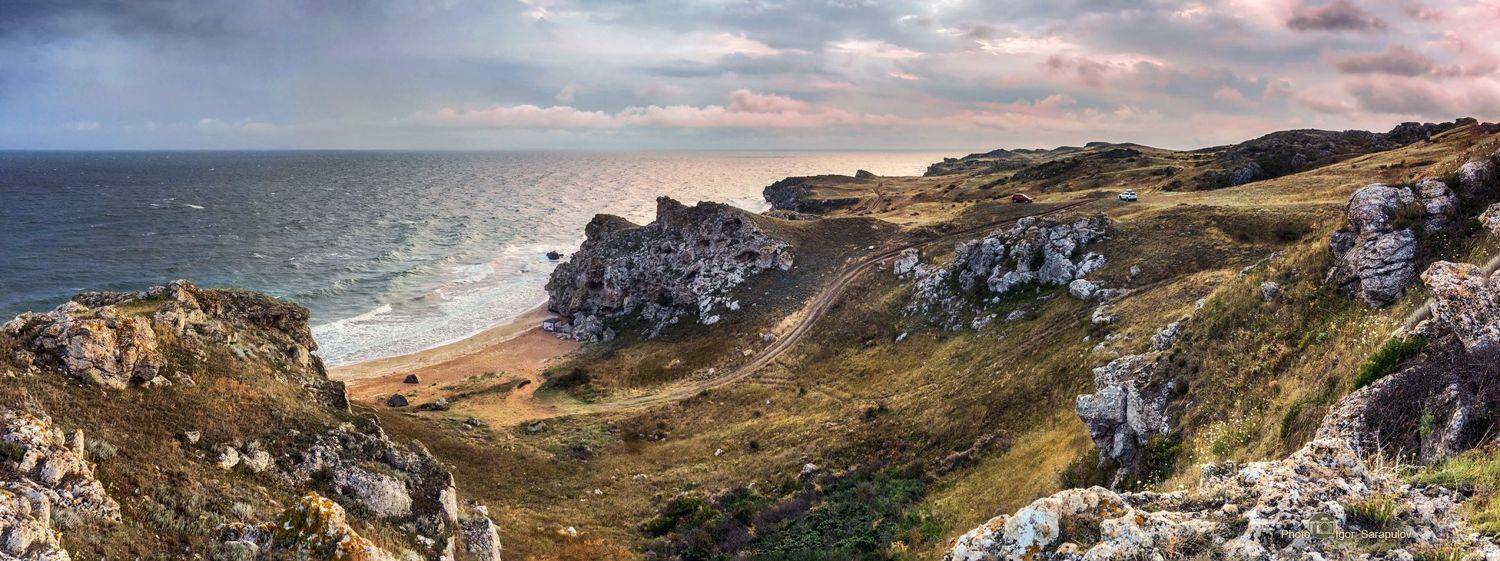 природный парк караларский, генеральские пляжи, азовское море, керченский полуостров, утро, рифы, рассвет, путешествие на автомобиле, путешествие дикарём,  пляж, панорама, палатка, облака, крым, кемпинг, дикий пляж, вид,  paradise, Сарапулов Игорь