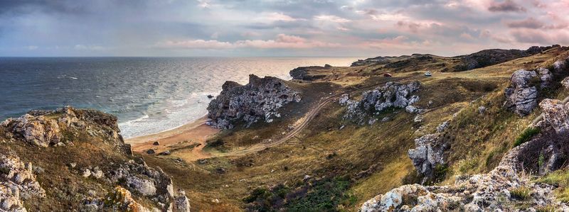 природный парк караларский, генеральские пляжи, азовское море, керченский полуостров, утро, рифы, рассвет, путешествие на автомобиле, путешествие дикарём,  пляж, панорама, палатка, облака, крым, кемпинг, дикий пляж, вид,  paradise Утро в бухте Александра Новикова фото превью