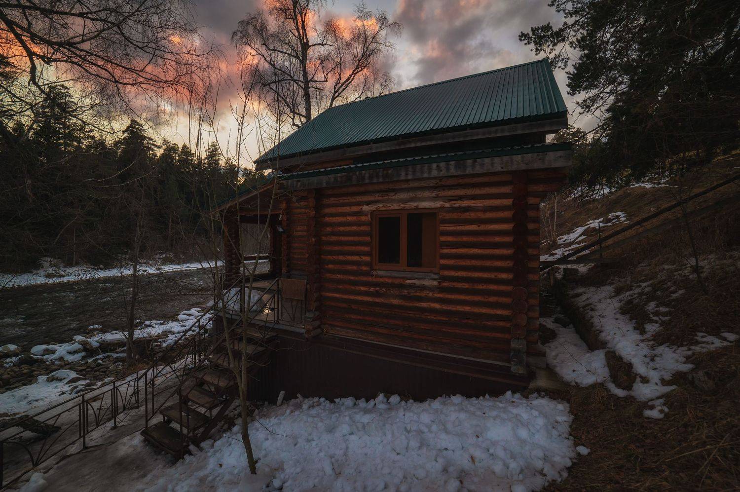 lodge river arkhyz mountains forest sunset twilight, Бугримов Егор