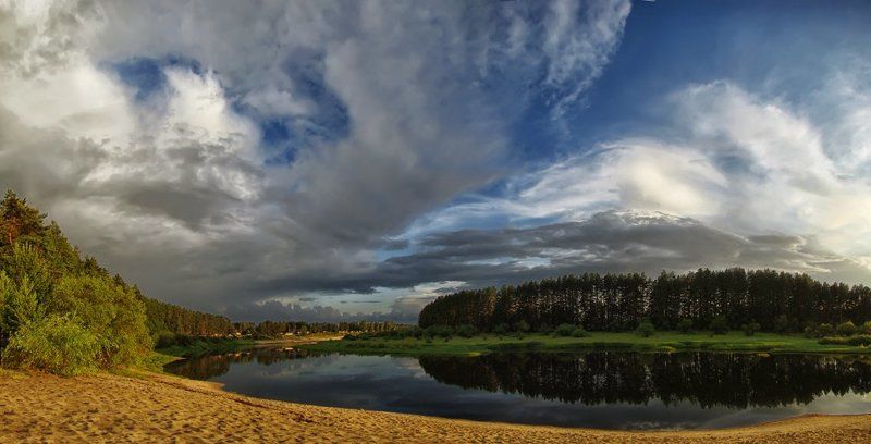 Берег, Лето, Небо, Озеро, Осень, Отражение, Панорама, Пейзаж, Природа, Река Нижегородская губерния фото превью