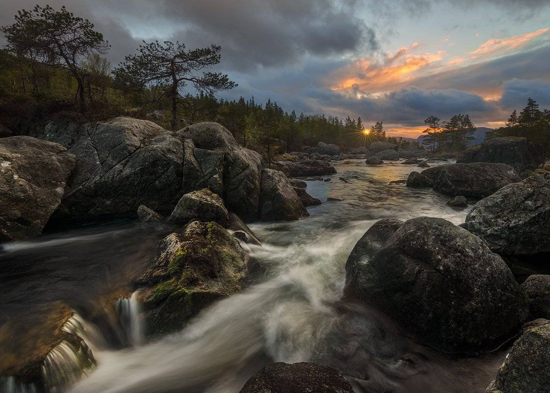 Закат, Камни, Норвегия, Поток, Река, soli