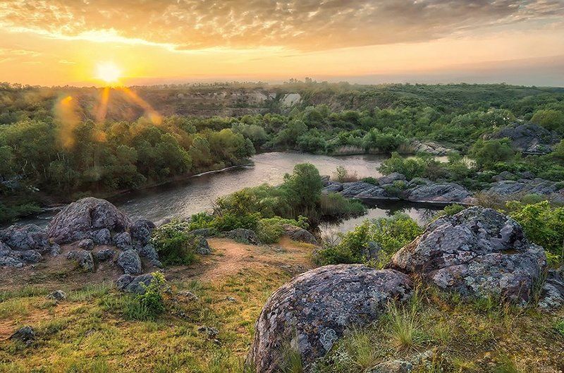 Камни, Пейзаж, Рассвет, Река, Скалы, Южный Буг Национальный парк Бугский Гард фото превью