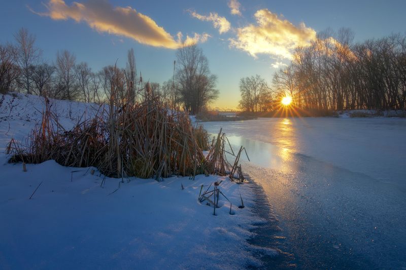 зима, закат, вечер, река, вечер, пейзаж, winter, sunset, evening, river, evening, landscape Зимний вечер на реке фото превью