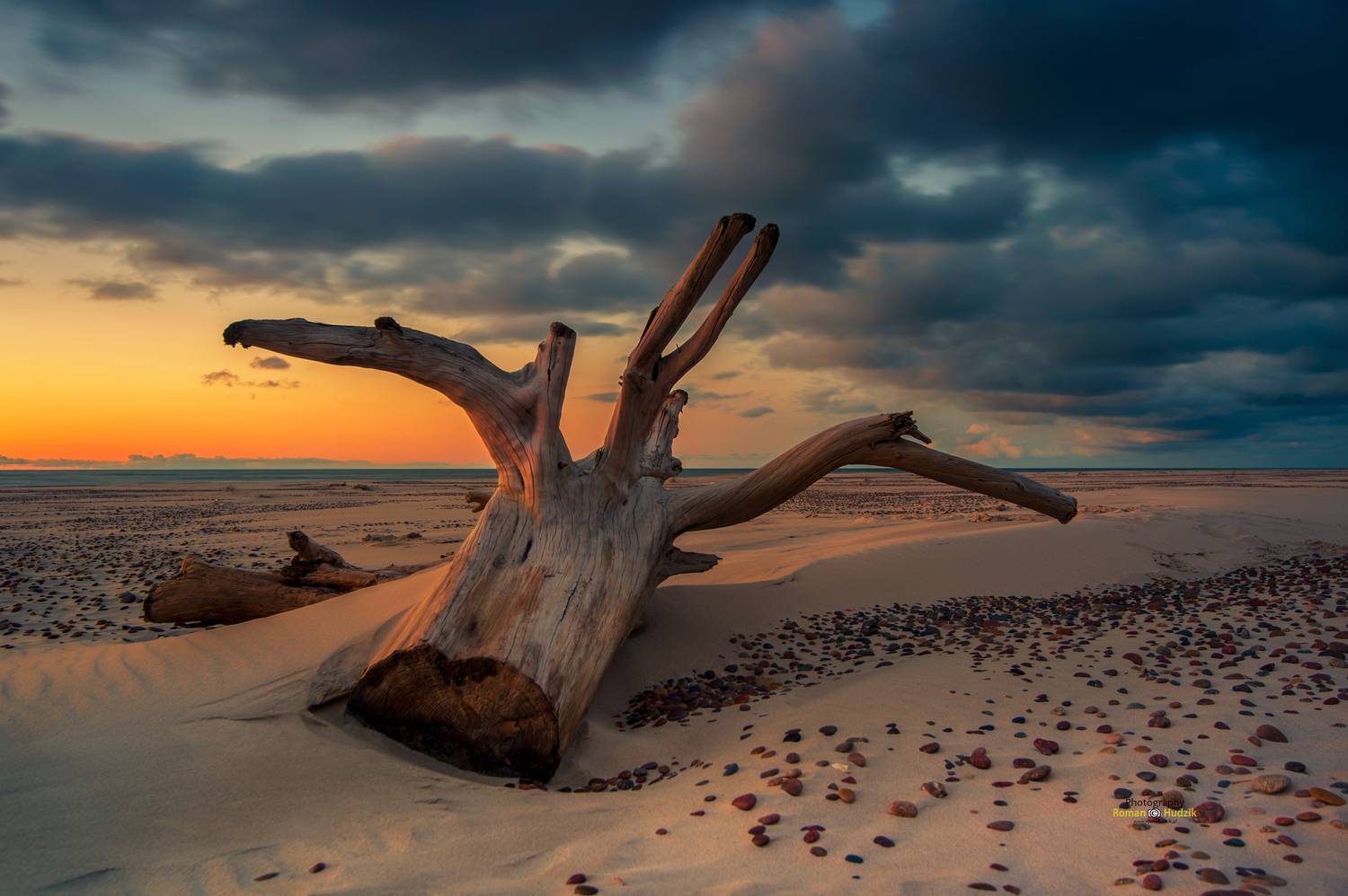 sea, landscape, water, sunset, sand, tree, root, stones., Hudzik Roman