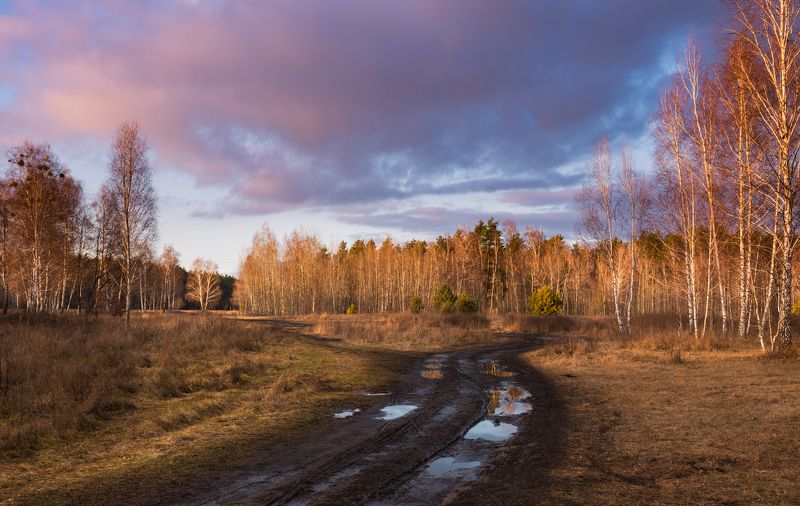 луг зима январь лужи тучи закат Солнце выглянуло из-за туч, январь фото превью