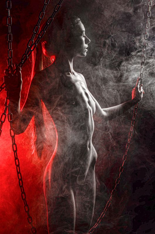 dark, alone, body, lowkey, art, black, redhair, ginger, red, inferno, smoke, nude  фото превью