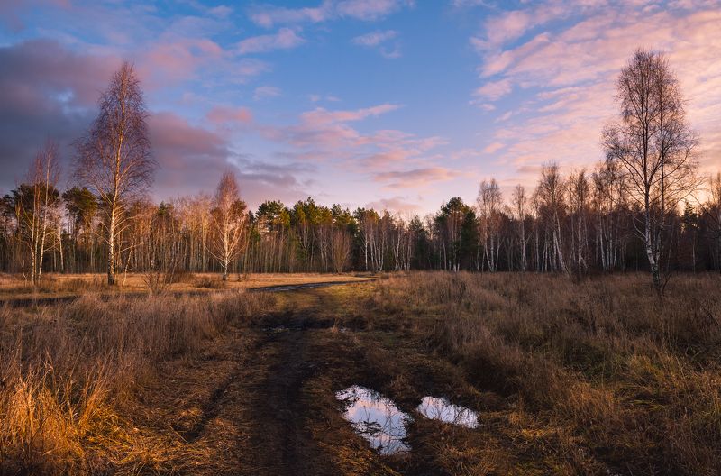 луг зима январь лужи  тучи закат Когда солнце уходит на покой, январь фото превью