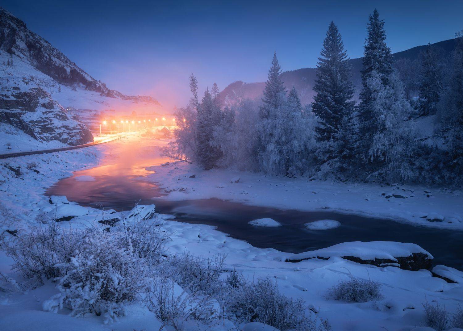 алтай, горный алтай, онгудайский район, иодро, горы, река чуя, чуя, зимний алтай, зимний пейзаж, морозный вечер, январь, куржак, altai mountains, Рубан Алена