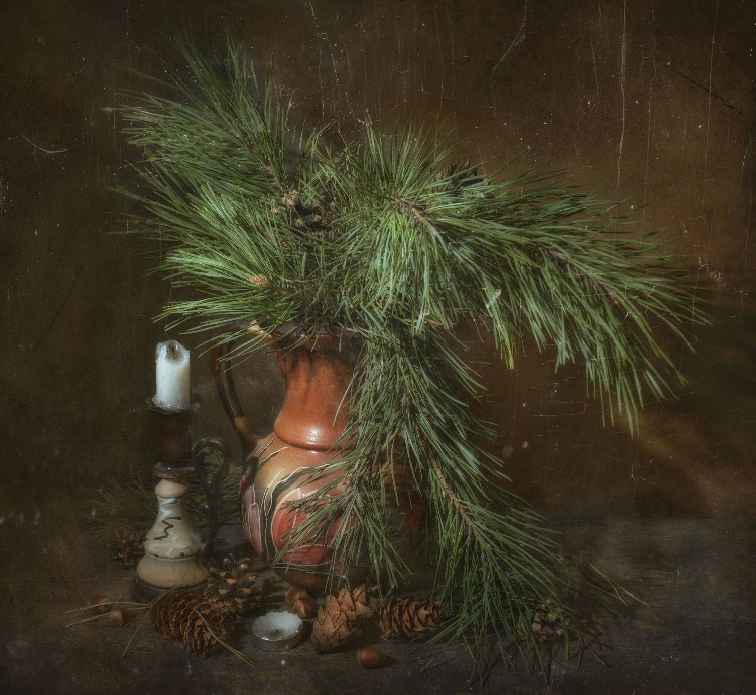 свеча, сосна, ветка, шишки, кувшин, Владимир Володин