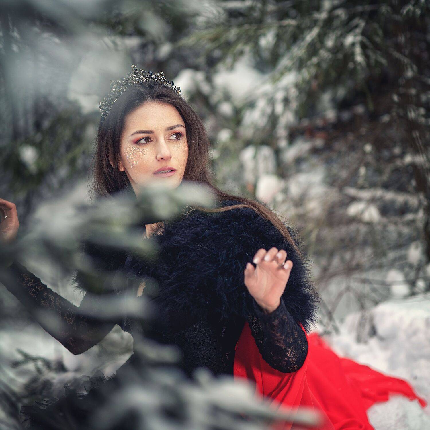 девушка в лесу зимний лес снег красное на снегу сказка арт корона принцесса , Ирина Мухина