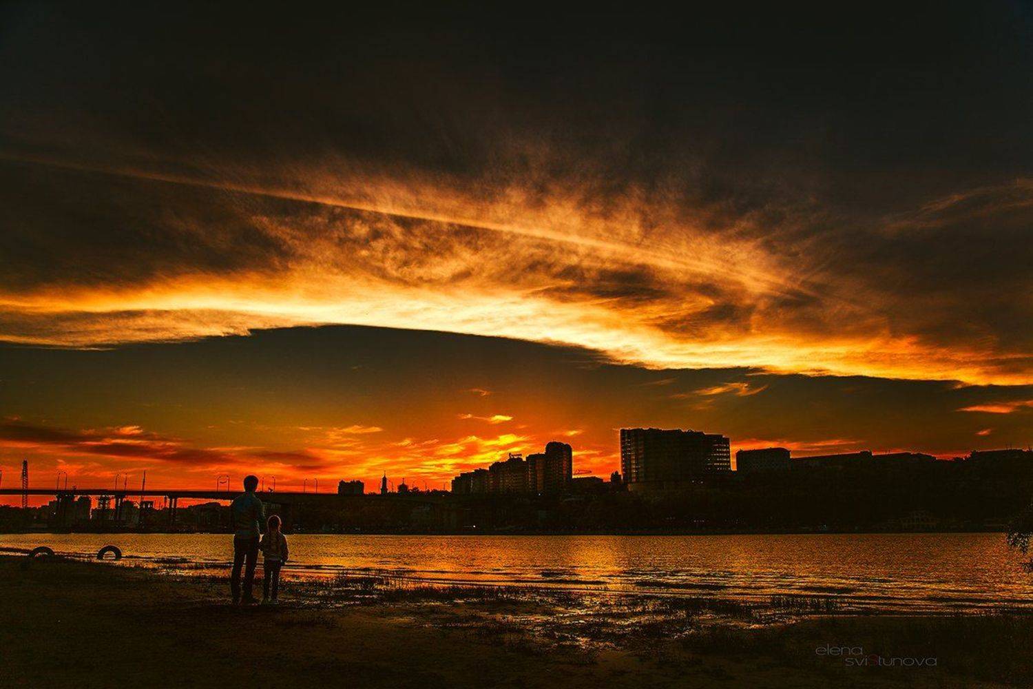 Город, Городской пейзаж, Закат, Небо, Река, Свистунова Елена