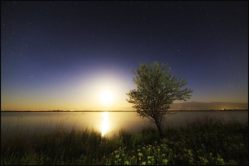 Восход луны над озером фото превью