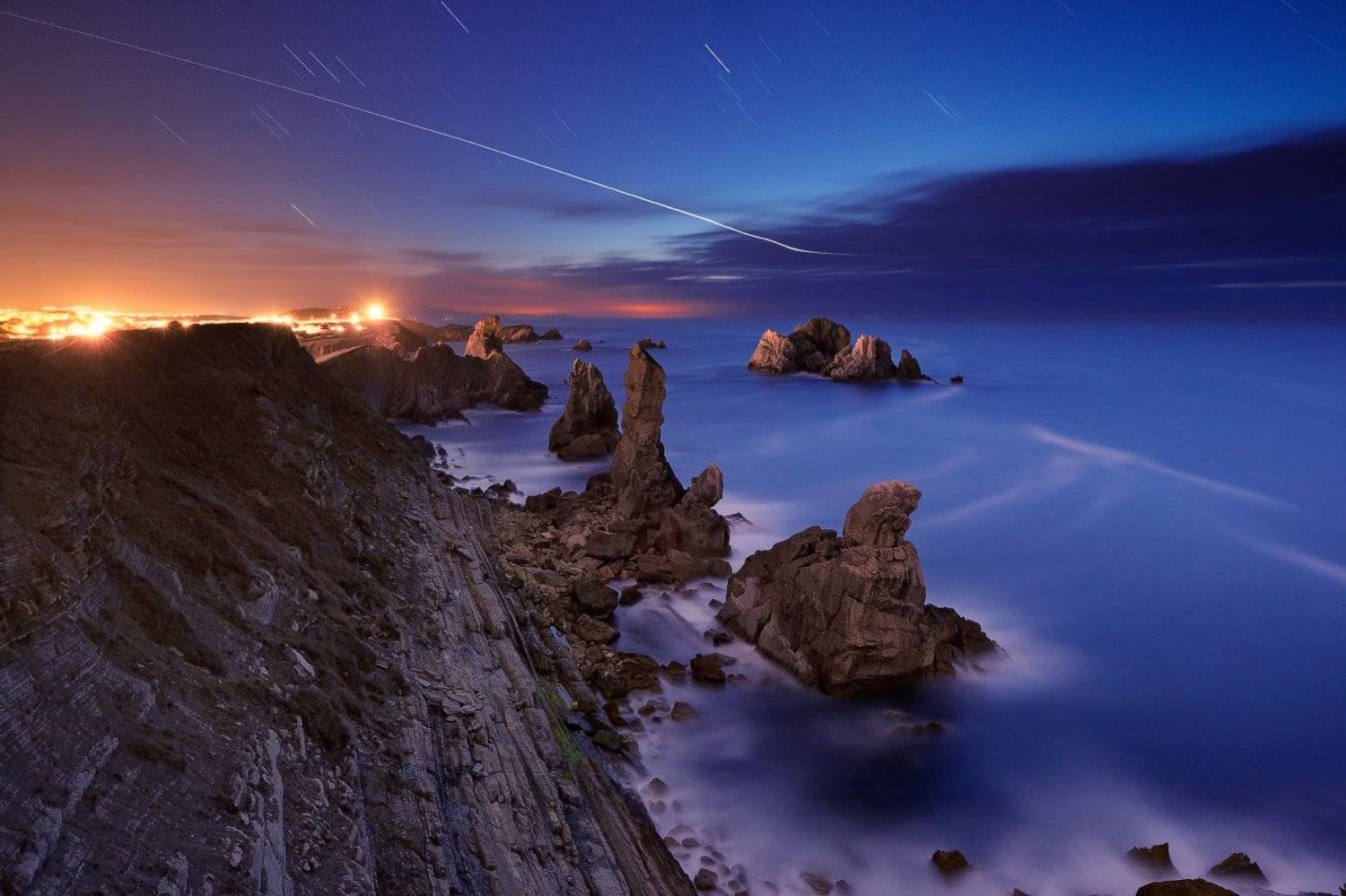 Long exposure, Seascape, Spain, Startrails, Twilight, Urros, Сергей Лукс