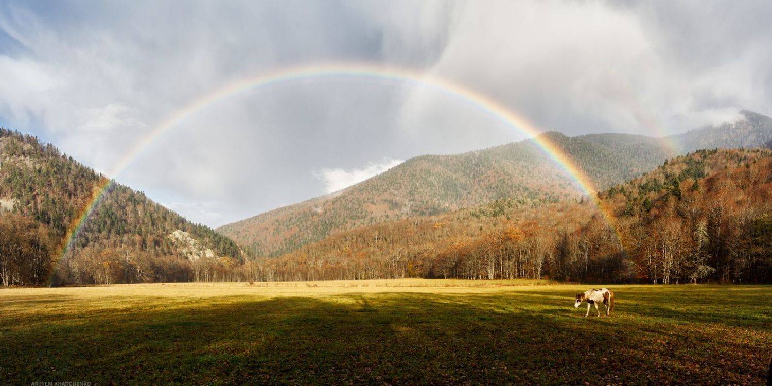 пейзаж, радуга, облака, поле, горы, осень, landscape, rainbow, clouds, field, mountains, autumn, Артём Харченко